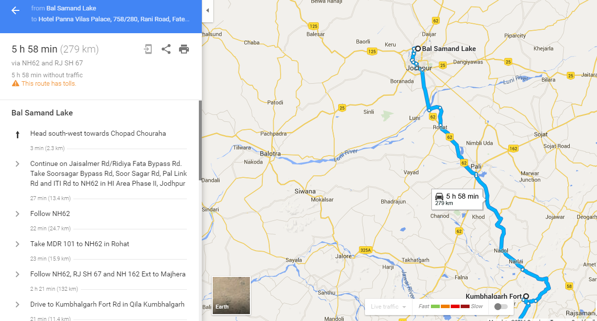 Route from Jodhpur to Kumbalgarh